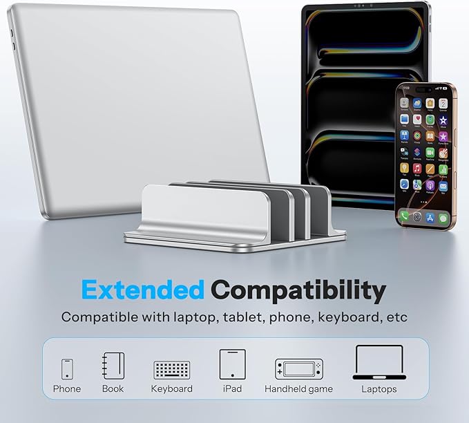 OMOTON 3-Slot Vertical Laptop Stand, Desktop Aluminum Stand for MacBook with Adjustable Dock Size, Fits All MacBook, Surface, Chromebook and Gaming Laptops (Up to 17.3 inches), Bright Silver