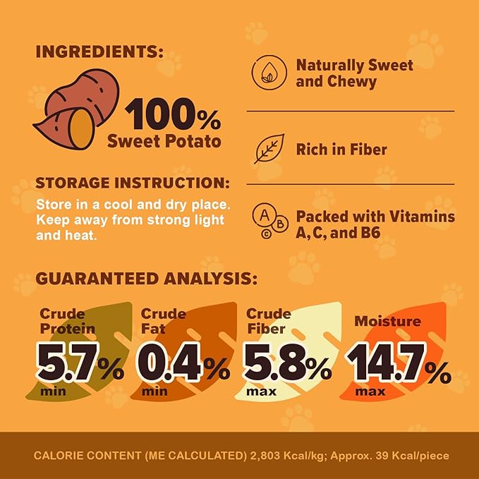 Sweet Potato Chews for Dogs- 100% All-Natural Single Ingredient Dog Treats- Crispy & Crunchy, Hypoallergenic, Grain Free, Easy to Digest, Perfect for Dogs of All Breeds and Sizes, 8 oz