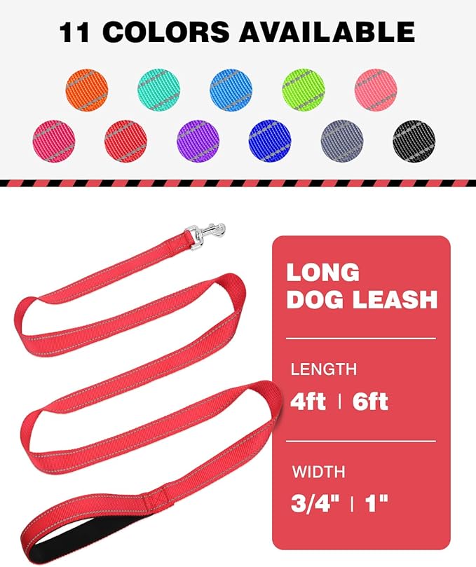 Reflective Dog Leash 6ft Soft Padded Handle Nylon Lead for Small & Medium Dogs, Durable Walking Training Leash for Night Safety (Red,3/4Inch Wide)