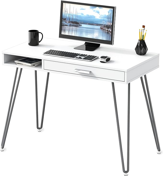 SHW Home Office Computer Hairpin Leg Desk with Drawer, White
