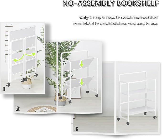 4NM 2 Tiers No-Assembly Folding Bookshelf with Wheels, Portable Rolling Storage Foldable Bookcase & Compact Side Table for Living Room, Bedroom, Kitchen, Bathroom (All White)