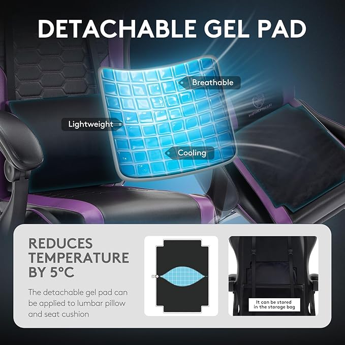 Gaming Chair,Computer Office Chair with Footrest,Massage Lumbar Support and Gel Pad,Ergonomic Reclining Adjustable Leather Gamer Chair with Headrest and Spring Cushion Purple