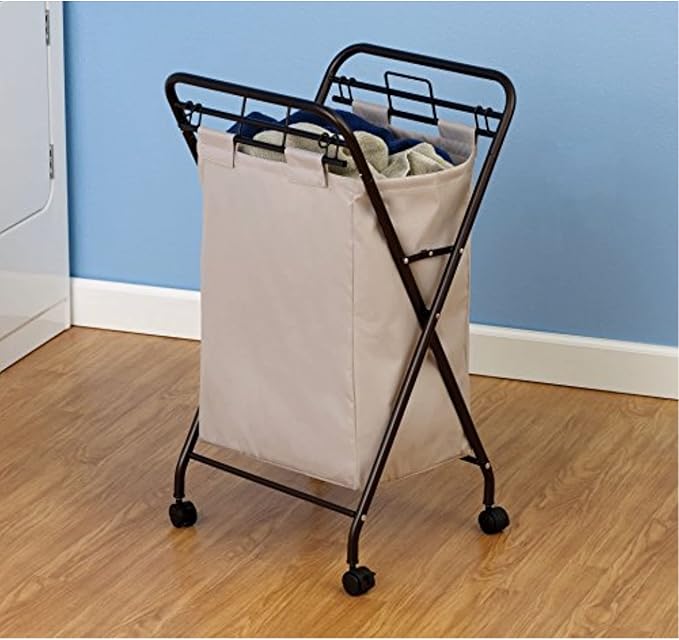Household Essentials 7172 Rolling Laundry Hamper with Heavy-Duty Canvas Bag | Antique Bronze Frame