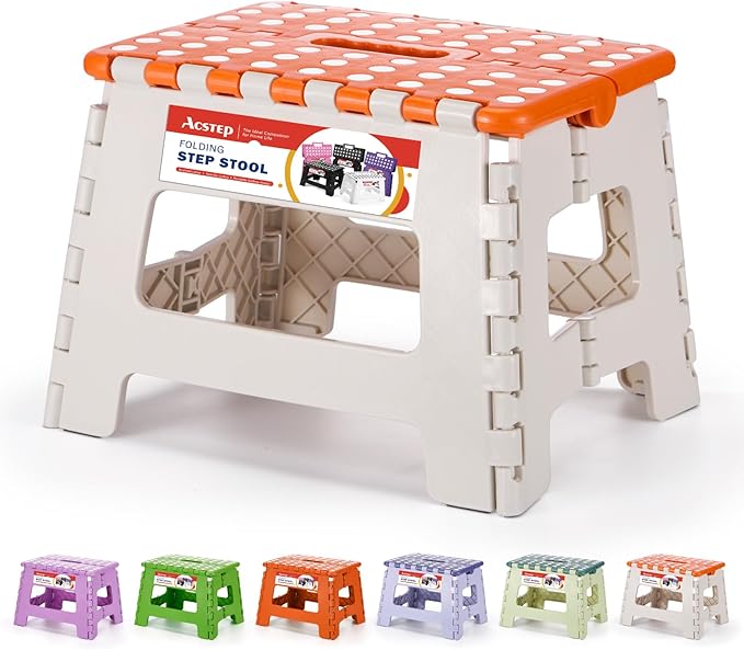 ACSTEP 9 Inch Folding Step Stool 300 LB Capacity Plastic Foldable Step Stools for Kids and Adults, Folding Stool Suitable for Kitchen, Stepping Stool with Handle Bicolor Orange Small Step Stool 1PC