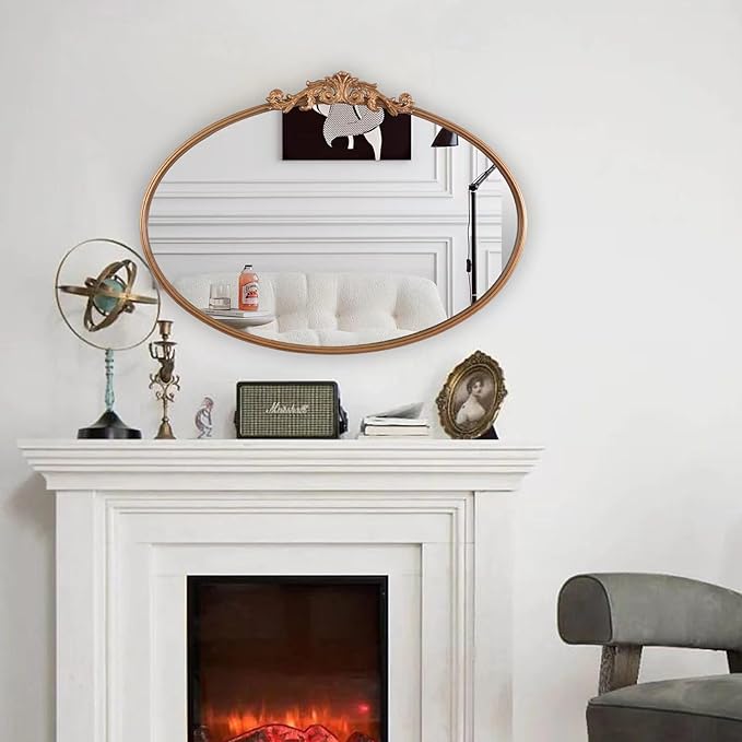 Oval Gold Mirror for Bathroom Vanity, Baroque Ornate Vintage Wall Mirror with Large Rounded Metal Frame, Decorative Antique Brass Mirror for Bedroom, Dresser, Entryway (Gold, 24”x 35.5" x1.2")