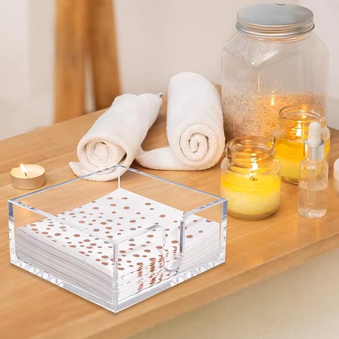 Rubtlamp 2 Pack Napkin Holder, Clear Acrylic Napkin Holder, 5.5x5.5x2.6 Inch Square Cocktail napkin holder, Plastic Napkins holder Great for Table Bathroom,Kitchen, Dinners for Mothers Day
