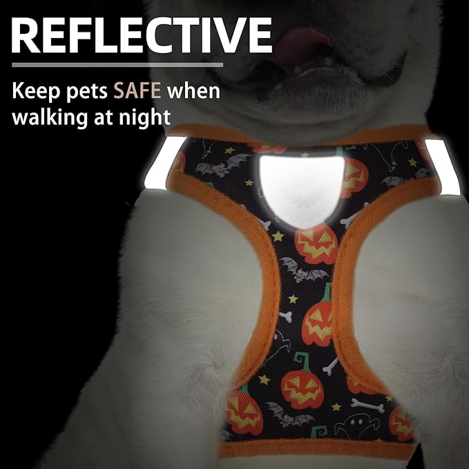 PUPTECK Adjustable Dog Harness Collar and Leash Set Step in No Pull Pet Harness for Small Medium Dogs Puppy and Cats Outdoor Walking Running, Soft Mesh Padded Reflective Vest Harnesses, Halloween, XS