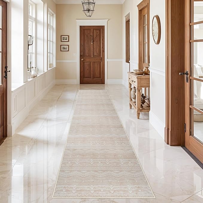 Long Hallway Runner 3x12 - Moroccan Runner Rug Washable Kitchen Rug Runner Non Slip Floor Mat Low Pile Indoor Carpet for Bedroom Entryway Living Room 3x12 Beige