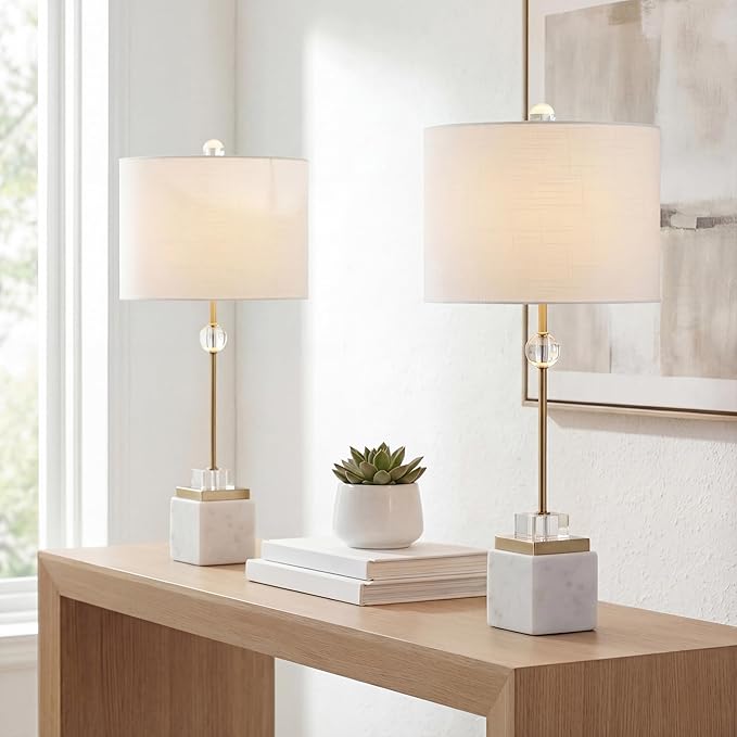 JONATHAN Y 30" White Marble and Brass Gold LED Table Lamp Set of 2, Modern Glam Crystal Pedestal Lamps for Living Room Bedroom, White Linen Shade, LED Bulbs Included JYL5008A-SET2