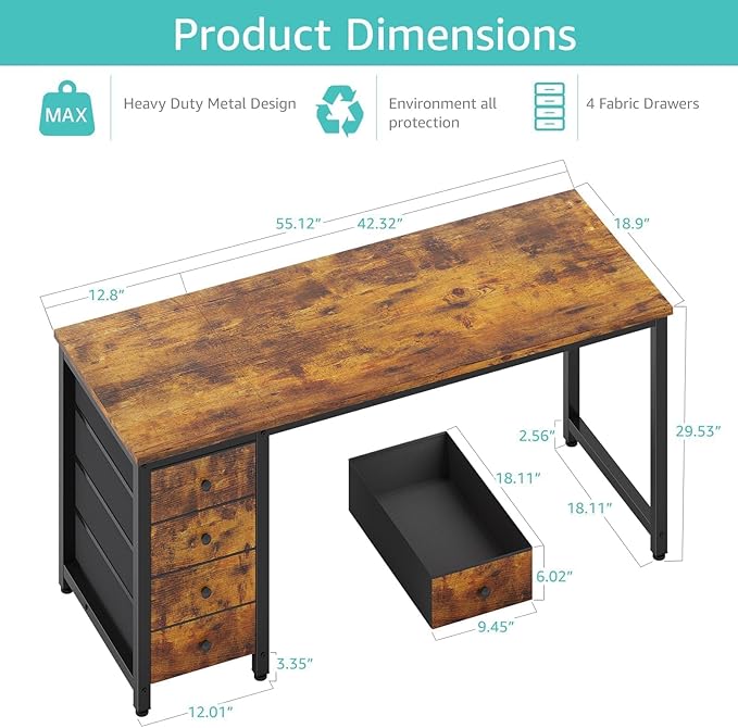 Lufeiya Computer Desk with Fabric Drawers - 55 Inch Long Study Work Writing Desk for Home Office Bedroom, Reversible Simple Modern Cute PC Desks with Drawer, Rustic Brown