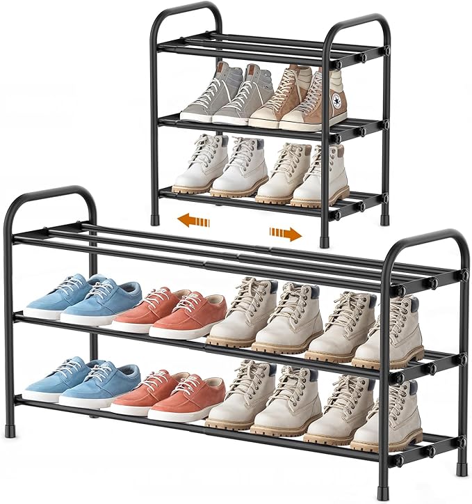 INSMART 3-Tier Expandable Shoe Rack, Stackable and Adjustable Shoes Organizer Storage Shelf, Sturdy and Durable Metal Structure Free Standing Shoe Rack for Closet Entryway Doorway