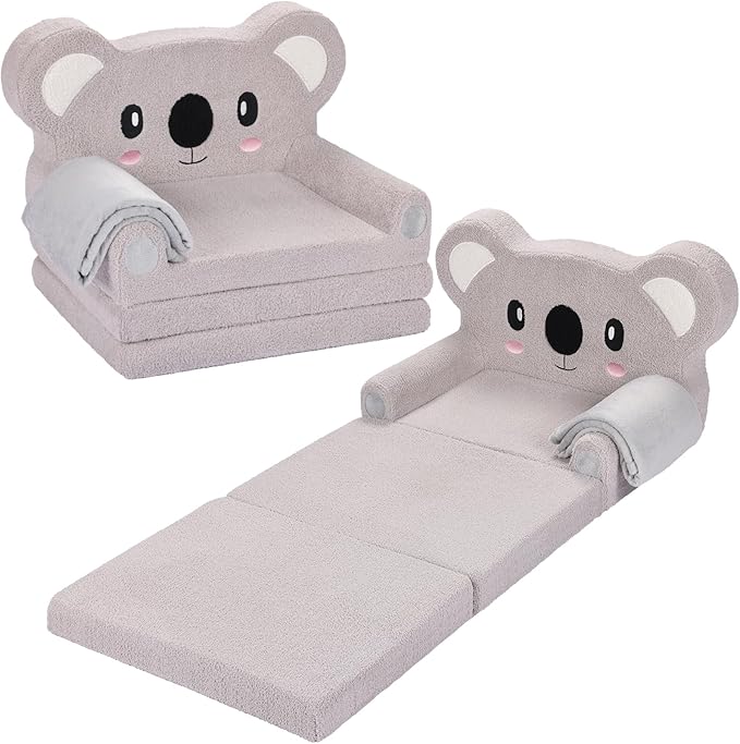 Kids Couch, 2-in-1 Soft Toddler Couch Fold Out with Blanket, Chair Comfy, Foldable Convertible Plush Sofa to Lounger, Gifts for Kids Girl Boys, Koala