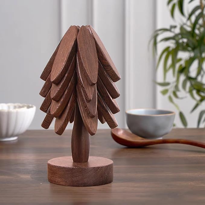 Wooden Placemats - Tree Washer Set, Wooden Pinwheel Coaster Set with Stand for Easy Storage - for Fondue pots, Pans, Bowls, teapots, Warming Trays - Versatile Decorations (B Walnut 4 pcs)