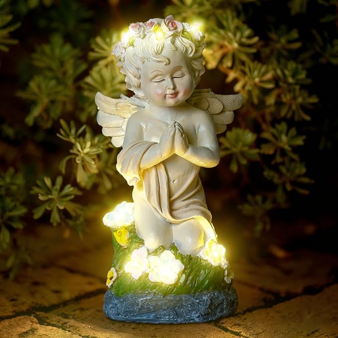 Solar Powered Angel Statue for Garden, Outdoor Spiritual Decorations for Patio Lawn Cemetery, Illuminated Seraphim Figurine with Warm Light, Gift for Women Religious Faith Ornament, Rustproof Resin