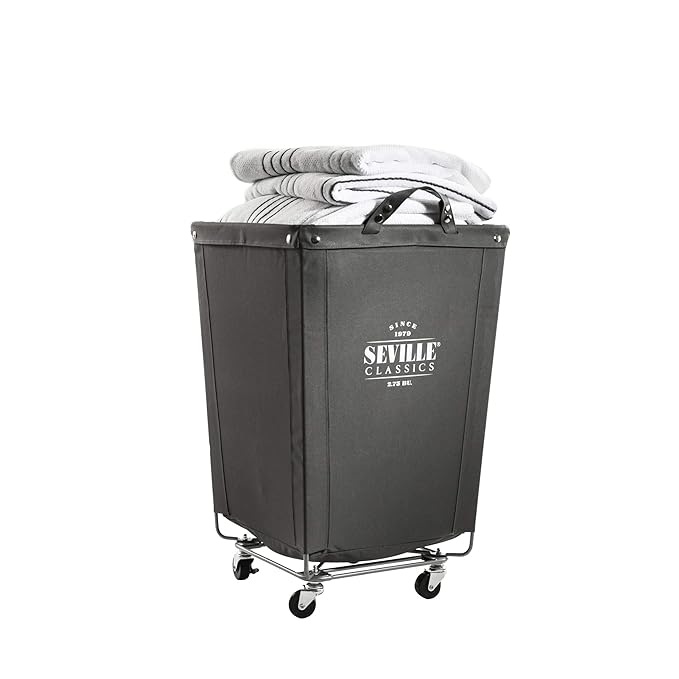 Seville Classics Large Commercial Heavy Duty Rolling Steel Frame Laundry Hamper Canvas Cart Bin, w/ Wheels for Hotel, Home, Closet, Bedroom (PATENTED), Gray, 18.1" D x 18.1" W