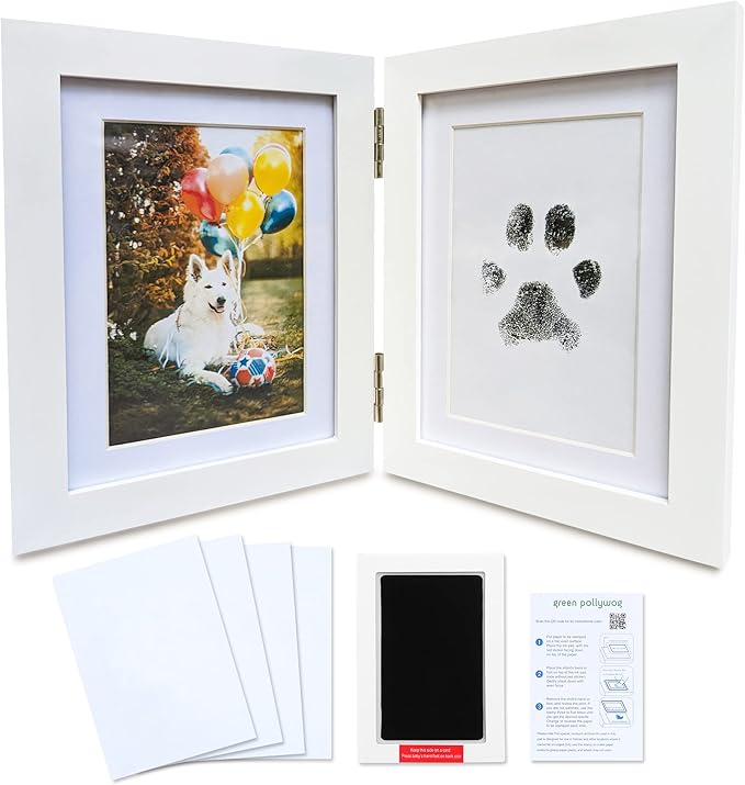 Green Pollywog | Paw Print Pet Keepsake Hinge Photo Frame + Ink Pad Kit | Dog Paw Print Kit | Extra-Large Ink Pad Included | 4 x 6 Picture Openings