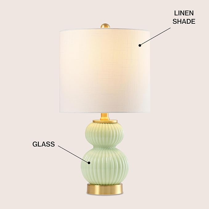 JONATHAN Y 20" Mint Green/Brass Gold Ribbed Gourd Glass Table Lamp, Modern Bedside Lamp for Bedroom Living Room, White Linen Drum Shade, LED Bulb Included (JYL1099F)