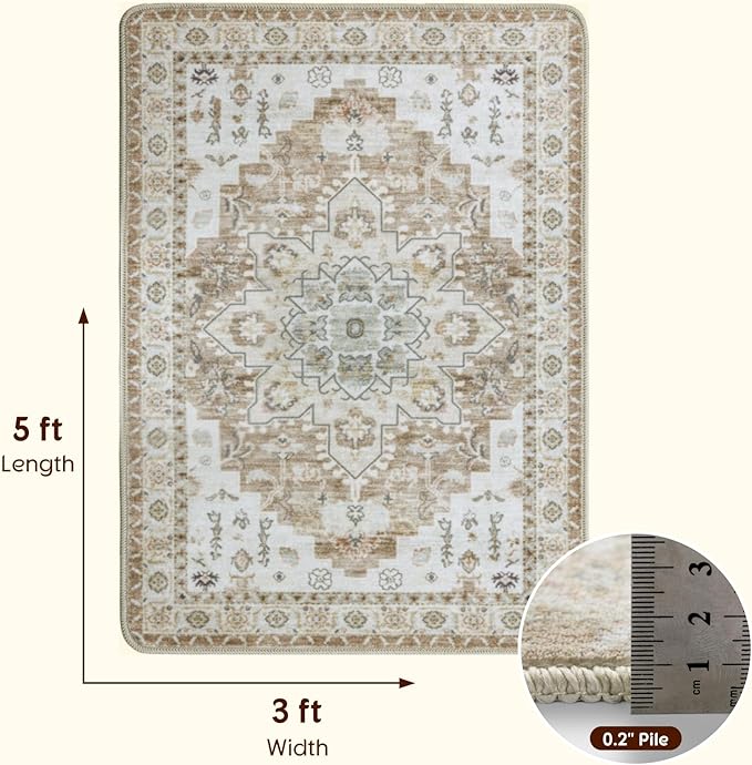 LBRO2M Boho Rug for Entryway Indoor Washable Rugs 3X5 Front Door Carpet Non Slip Throw Rugs, Small Rug for Bathroom Kitchen Rugs Pet Friendly Area Rugs Low Piles (3'X5' Cream)