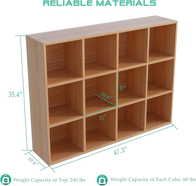 12-Cube Storage Shelf Bookcase - Wooden 3-Tier Floor Standing Open Bookshelf for Home and Office, Display Cabinet, Oak
