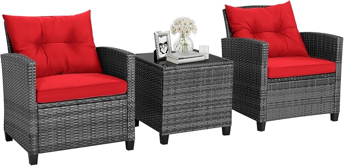 HAPPYGRILL 3 Pieces Patio Conversation Set, Outdoor Furniture Set PE Rattan Sofa Set with Removable Cushions, PE Wicker Chairs with Tempered Glass Side Table for Porch Lawn Garden Balcony Backyard