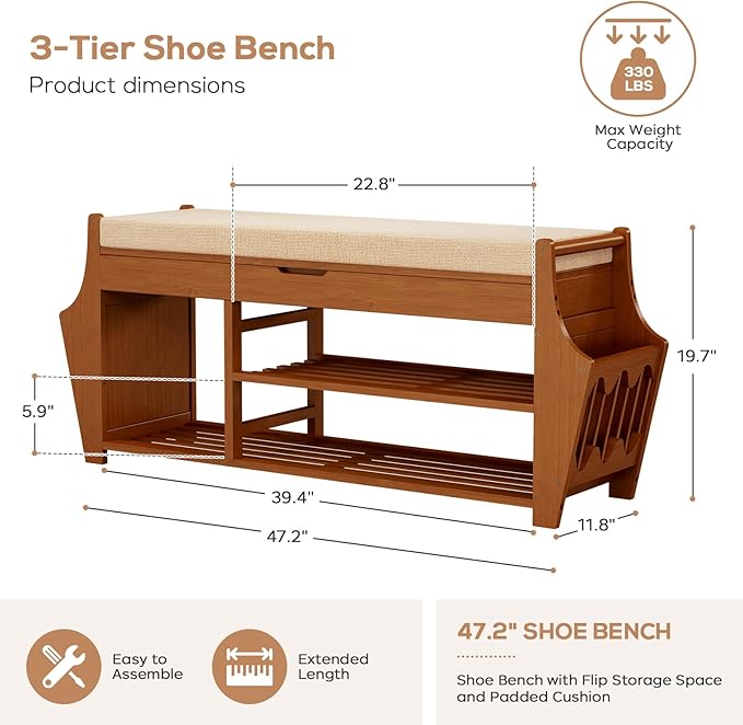 47.2in Shoe Bench Entryway - Bamboo Shoe Rack Bench with Storage, Shoe Rack Organizer with Cushion, 2 Side Holder, Holds Up tp 330lbs for Front Door Entrance, Living Room