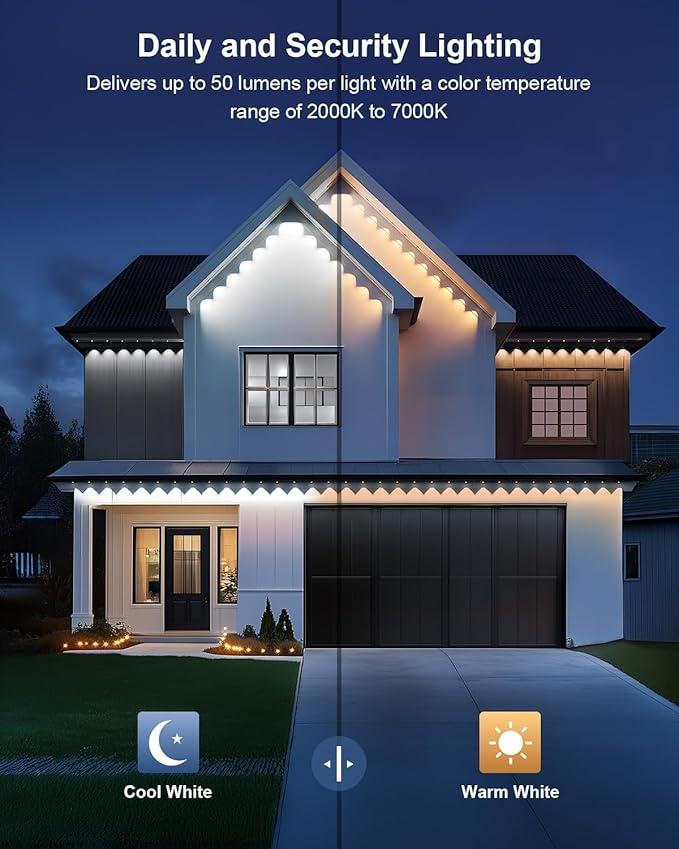 Permanent Outdoor Lights Pro,150ft RGB+IC Smart Outdoor Decor,App/Remote,Christmas,Halloween,Multi Scene Modes,IP67 Waterproof,Eaves Light with Daily & Holiday Party Decor,House Roof Lighting