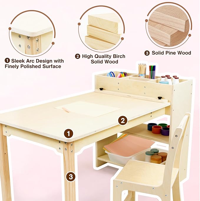 Kids Art Table and Chair Set, Birch Wooden Activity Craft Table, Kids Drawing Table, Toddler Desk with Storage and 1 Chair