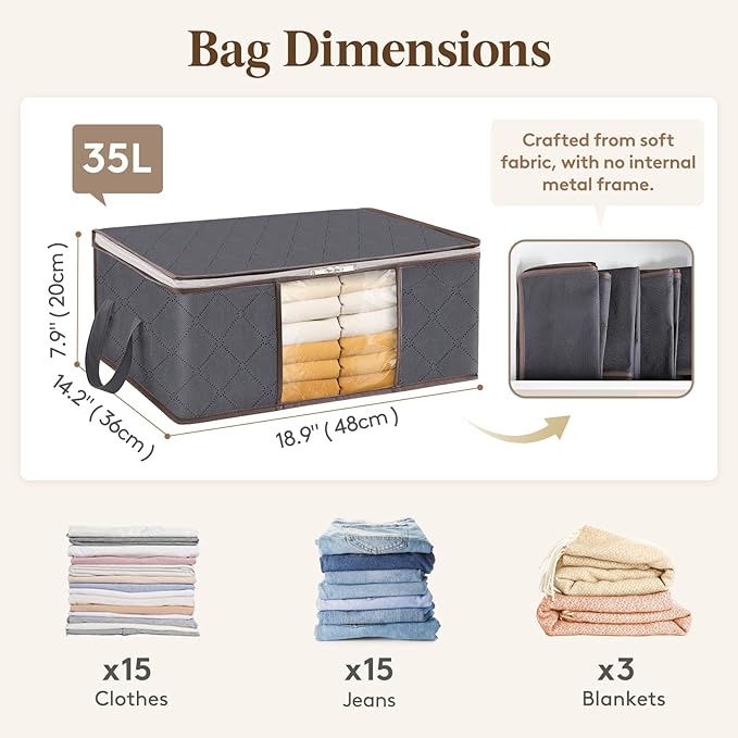Lifewit 6 Pack Clothes Storage Bag, Foldable Storage Bin Closet Organizer with Reinforced Handle, Sturdy Fabric Blanket Storage with Clear Window, Storage Containers for Clothing, Bedding, Gray