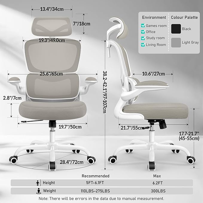 High Back Ergonomic Office Chair, Breathable Mesh Desk Chair with Lumbar Support, Adjustable Headrest, Flip-up Armrests, Computer Gaming Chair