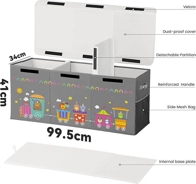120L Large Toy Storage Box with Lid, Extra Large Toy Box Chest, Large Toy Box for Kids, Girls and Boys, Nursery Room and Living Room, 40"x13" x16"(grey-train)
