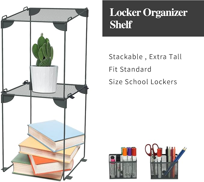 Neudeco Locker Accessories and Decor Kit, Including Mesh Shelf, Organizer, Magnetic Basket and Pen Holder, Suitable for School, Work, Kitchen, Bathroom, (Pack of 4, Grey)