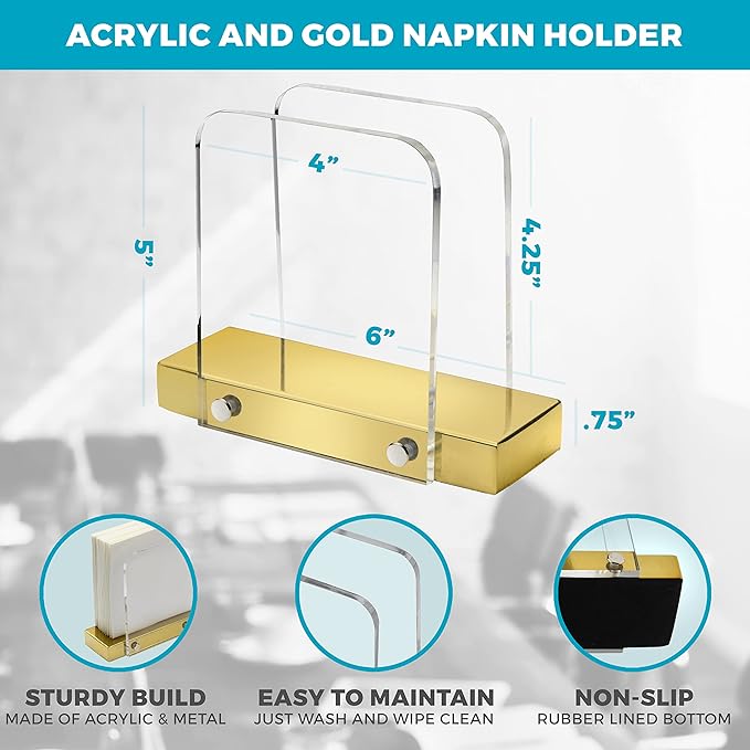 Modern Napkin Holder for Kitchen, Standing Napkin Holder for Tables, Clear Acrylic and Gold Steel Base Kitchen & Dining Room Decor