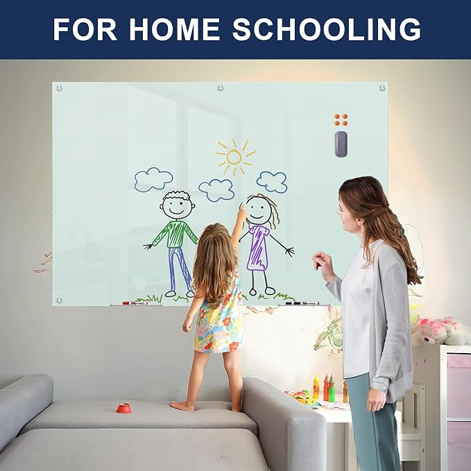TSJ OFFICE Glass Dry-Erase Board - 72 x 48 Inches (6' X 4') Wall Mounted Glass Magnetic Whiteboard, Extra Large Frameless White Board for Office, Home & School