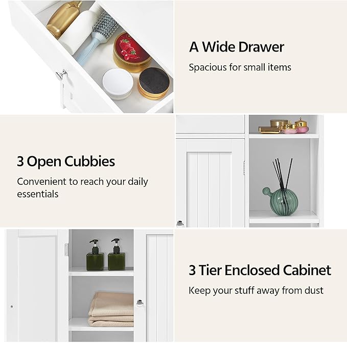 Yaheetech Bathroom Floor Cabinet, Kitchen Freestanding Storage Organizer, Large Side Cabinet with Doors, Drawer & Adjustable Shelves for Living Room, Entryway, 12" D x 29.5" W x 31.5" H, White