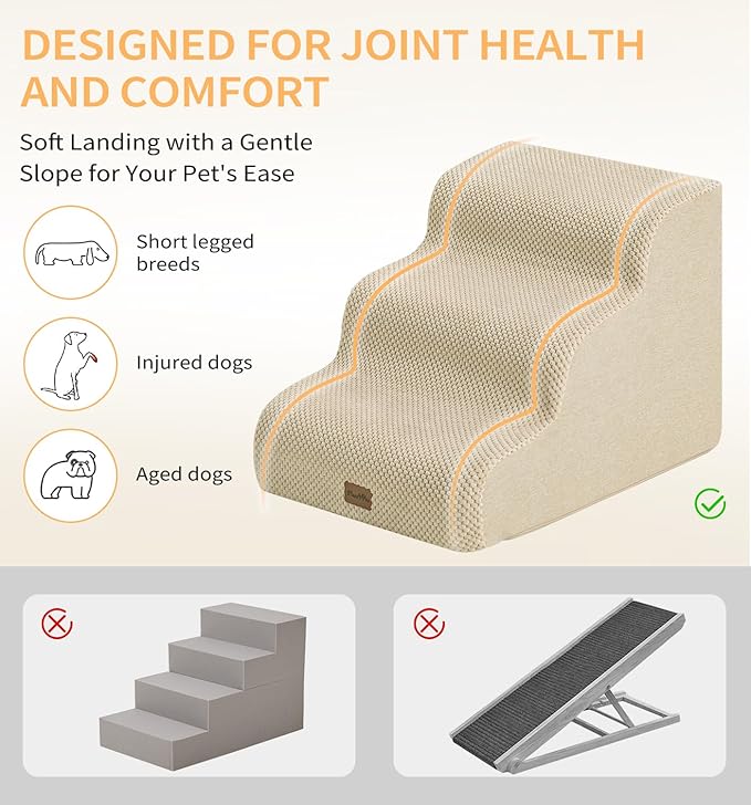 Made4Pets Dog Stairs Ramp for Small Dogs 15.7" H, 3-Step Dog Steps for Bed Couch Sofa and Chair, 35D Foam Pet Steps for Small Dogs and Cats, Non-Slip Bottom Pet Stairs, Beige