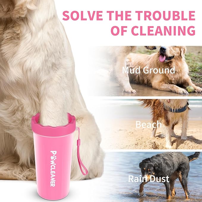 Professional 7 in 1 Dog Paw Cleaner for Dogs & Cats - Includes 1 Portable Paw Washer, 1 Bath Brush, 2 Dog Toothbrushes and 3 Absorbent Towels Note: Fits Paws 2.5 to 3.5 Inches Wide (Large, Pink)
