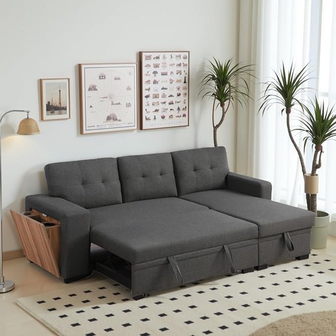 L-Shape Sofa Bed, 92" Sectional Couch with Storage Chaise, Pull Out Sleeper Sofa with Side Compartment, Convertible Corner Couch for Living Room Apartment, Dark Gray