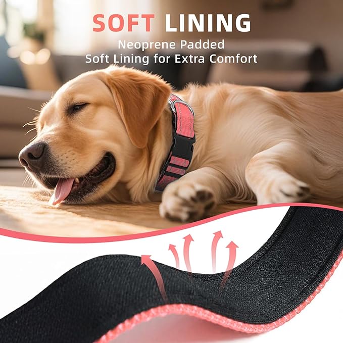 Reflective Dog Collar for Extra Large Dogs, Adjustable Collar with Soft Neoprene Padded, Durable Buckle for Daily Walking,Neon Pink,XL