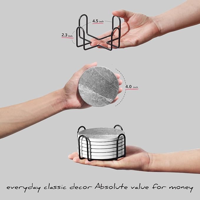 LIFVER Coasters for Drinks Absorbent, Living Room Decor, Ceramic Coasters Set of 6 with Cork Base, Protect Wooden Table or Furniture from Scratched, Drink Coasters with Holder - Grey