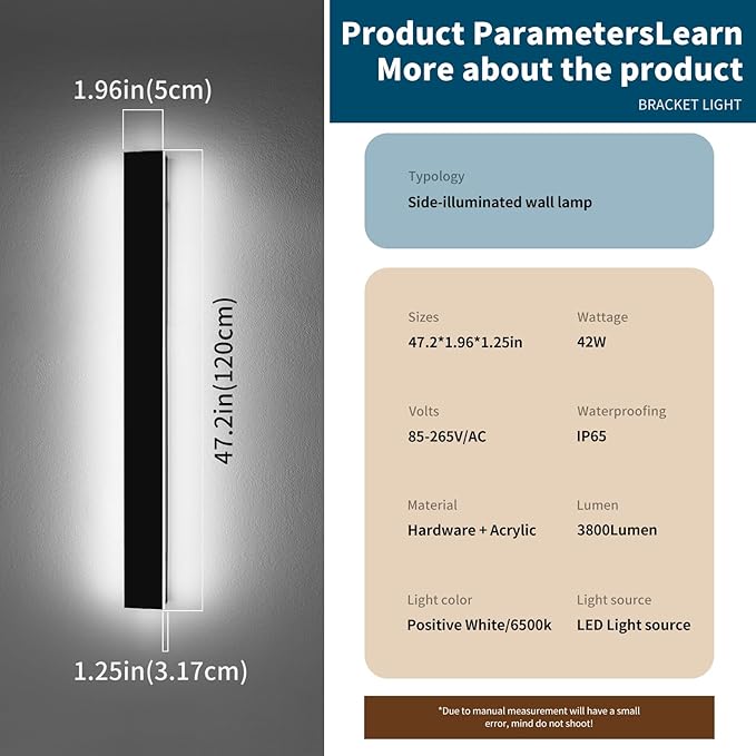 2 Pack 47.2inch Long Linear Outdoor Wall Light, 6000K Cold White Modern Wall Mounted Sconce, IP65 Waterproof, 42W, Black Exterior Lighting Fixture for Garage, Patio, Porch, Garden