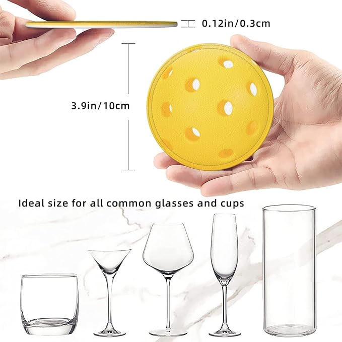 Pickleball Coasters for Drinks with Holder Round Leather Coasters Set of 6 Cups Mugs Mat Pad for Home Kitchen Bar