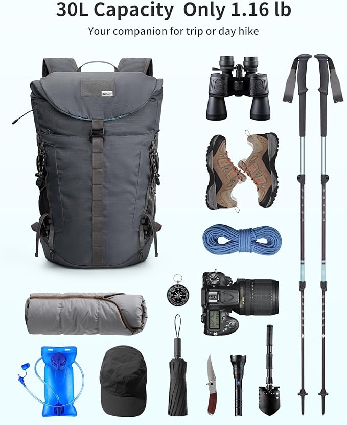 Blue Quartz Hiking Backpack 30L Lightweight Packable Backpack for Travel, Water Resistant Foldable Daypack for Women Men, Gray