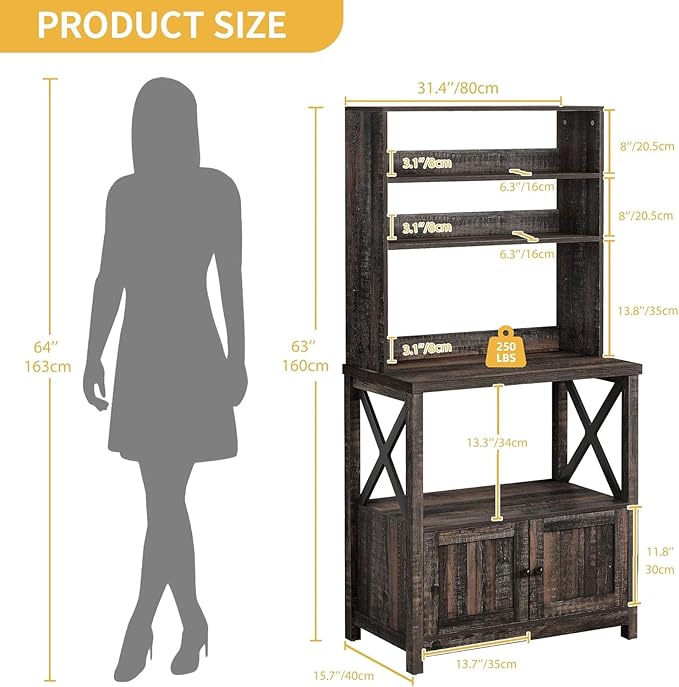 DWVO Baker Rack with Power Outlet and Storage, Farmhouse Microwave Stand with Door for Kitchen, 5-Tiers Tall Coffee Bar Station Cabinet Thickened Counter with Hutch Shelves, Black Oak
