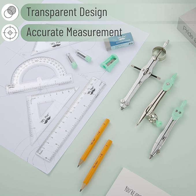 Mr. Pen- Geometry Set, 13 pcs, Mint Green, Compass for Geometry Compass Math, Geometry Kit Set with Shatterproof Storage Box, Math Compass, Geometry Set for School, Protractor and Compass Set
