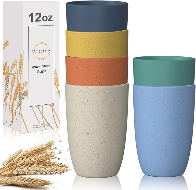 Wrova Wheat Straw Cups 6 PCS Good Alternative to Plastic Reusable Cups 12 oz Unbreakable Drinking Cup Reusable Dishwasher Safe Water Plastic Glasses with 6 Colors