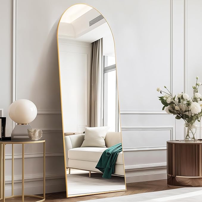DUMOS Arched Full Length Mirror with Stand Floor Standing Aluminum Frame for Bedroom Body Hanging Leaning Modern Simple Home Decor Shatter-Proorf Nano Glass Wall Living Room Cloakroom Gold 59.1"x15.8"