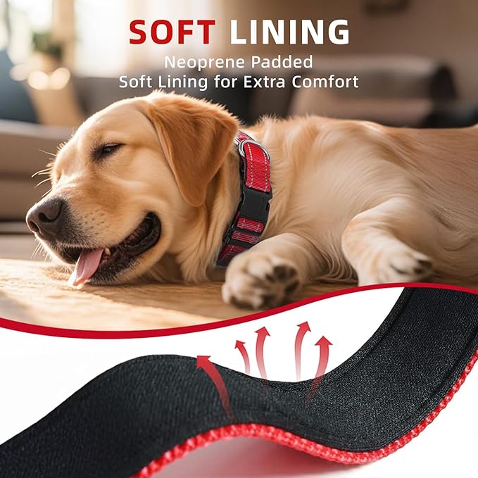 Reflective Dog Collar for Extra Large Dogs, Adjustable Collar with Soft Neoprene Padded, Durable Buckle for Daily Walking,Red,XL