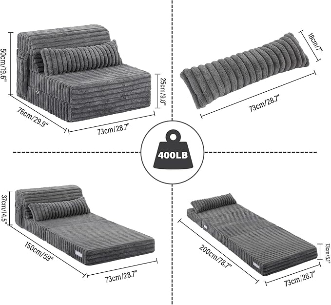 Tiita Folding Sofa Bed Single Size, Convertible Sleeper Chair Mattress with Pillow, Thick Corduroy Floor Mattress Couch Bed with Side Pocket, Guest Room, Dorm, Apartment, Grey