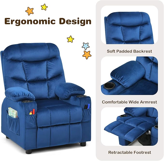 Costzon Kids Recliner Chair with Cup Holder, Adjustable Velvet Lounge Chair w/Footrest & Side Pockets for Children Boys Girls Room, Ergonomic Toddler Furniture Sofa Gifts, Kids Recliner (Blue)