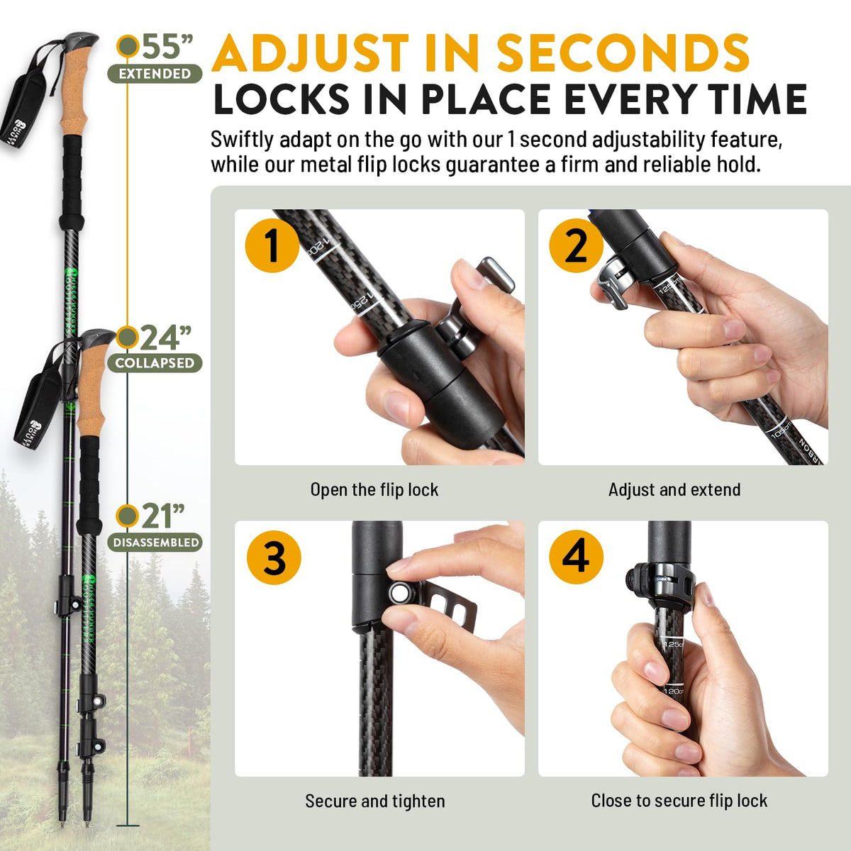 100% Carbon Fiber Trekking Poles by USA Brand - Ultra Strong Lightweight Collapsible Hiking Poles with Cork and EVA Foam Grips & Quick Adjustable Flip Locks